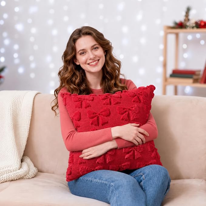 Mixweer Red Bow Pillow Covers Set of 2 Preppy Room Decor Coquette Cute Spring Summer Decorative Faux Fur Soft Bowknot Stuff Fluffy Plush Aesthetic Pillowcase for Bed Sofa Couch (20 x 20 Inch)