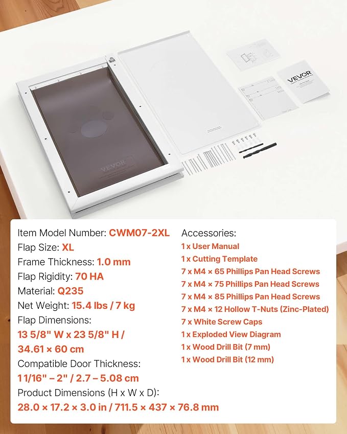 VEVOR Pet Door, X-Large, with Double Magnetic Flaps and Metal Frame, Strong and Weatherproof Dog Door for Interior and Exterior Doors, Easy to Install, Easy in-and-Out Access for Doggies, White