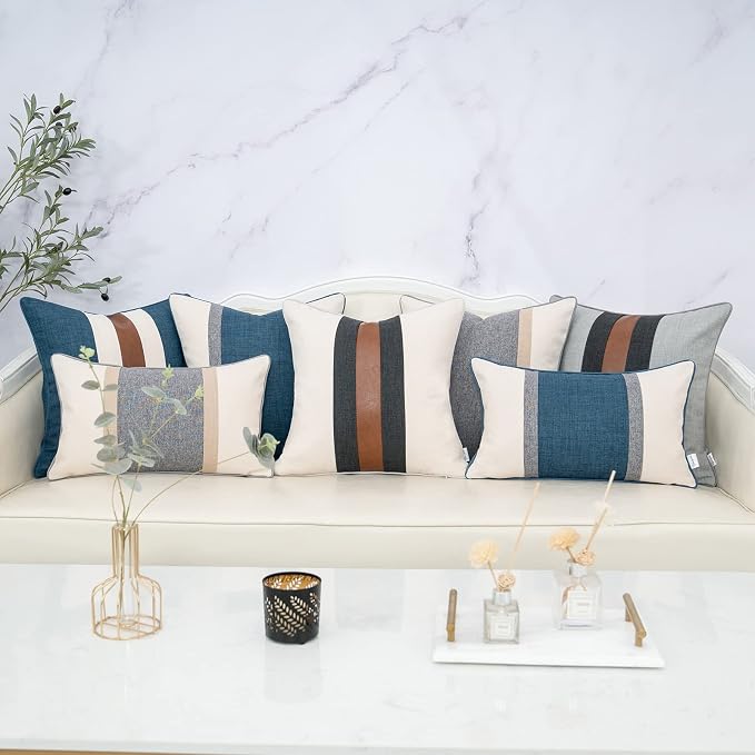 Patchwork Pillow Cover 18x18 Inch Luxury Cotton and Linen Cushion Cover Faux Leather Pillowcover for Couch Bedroom Living Room, Gray