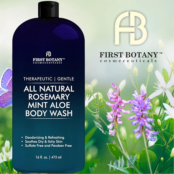 First Botany, ALL Natural Body Wash - Fights Body Odor, Athlete's Foot, Jock Itch, Nail Issues, Dandruff, Acne, Eczema, Shower Gel for Women & Men, Skin Cleanser -16 fl oz (Rosemary Mint)
