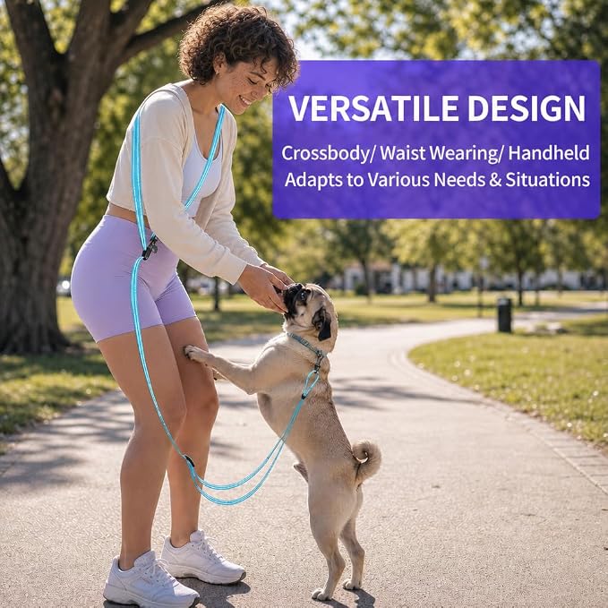 Kazazoo Hands-Free Dog Leash Adjustable Length 5-8 Ft Crossbody &Waist for Dog Walking, Running for Small &Medium Dogs with Reflective Strips, Ballistic Nylon, Waist Belt, Sky Blue