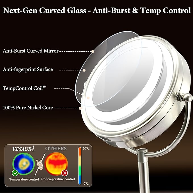 VESAUR 2025 9.3" Large 5000mAh Rechargeable Lighted Makeup Mirror Nickel, 1X/10X/20X HD Magnifying Mirror with Compact Suction, 3 Color Dimmable Light, 360°Swivel Seamless Vanity, Gift Box