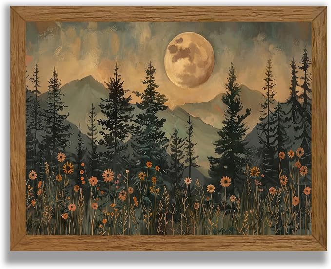 JLTULT Vintage Pine Tree Wall Art, Moonlit Wood-Framed Canvas, 8 x 10 In | Moonlit pine forest with wildflowers, fade-resistant canvas and ready-to-hang frame for bedrooms, living rooms and offices