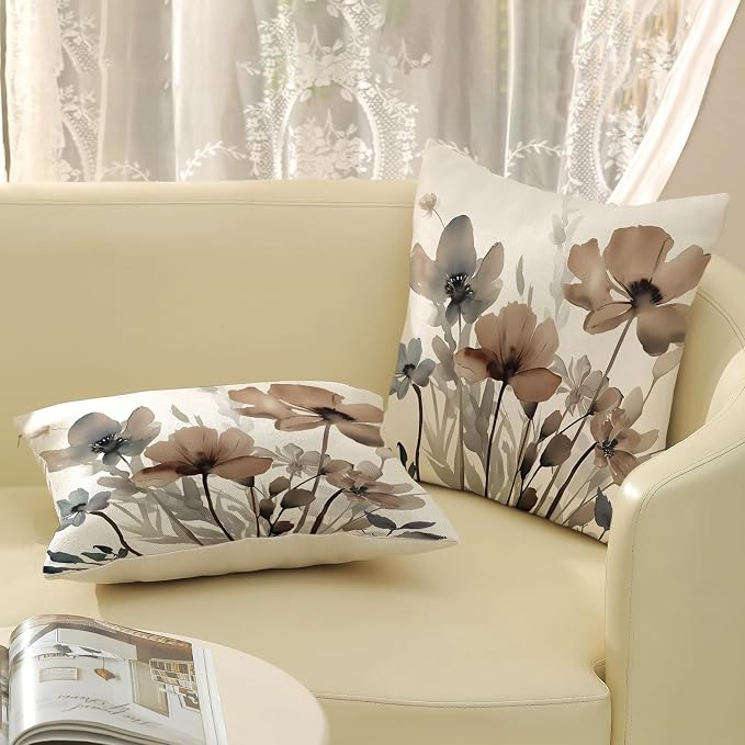 Spring Floral Pillow Covers 18x18 Inches Set of 2 Watercolor Brown Floral Throw Pillow Cover Outdoor Rustic Summer Flower Decor Pillowcase Farmhouse Decorative Linen Cushion Cover For Home Sofa