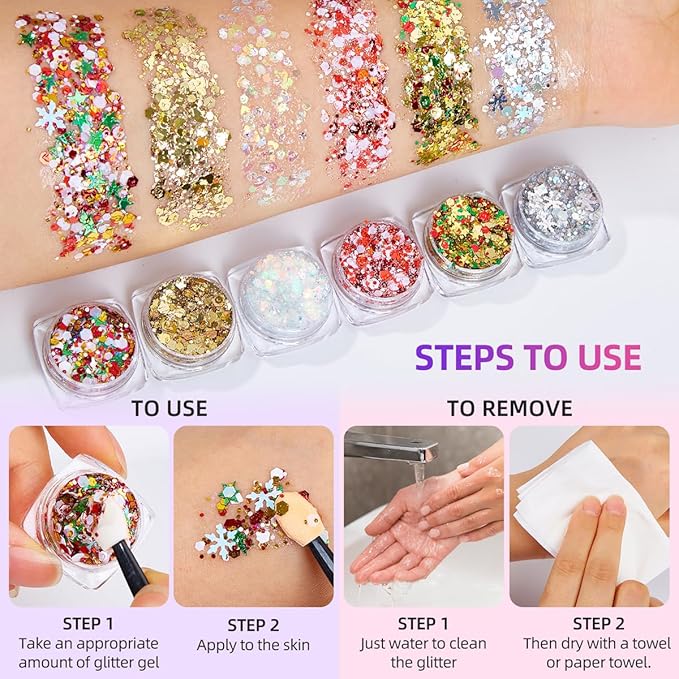 Body Glitter Clear White Body Glitter Face Glitter Hair Glitter Gel Singer Concerts Music Festival Rave Accessori Christmas Hallowen Face Paint 6 Shapes Chunky Glitter Gel for Women Girls