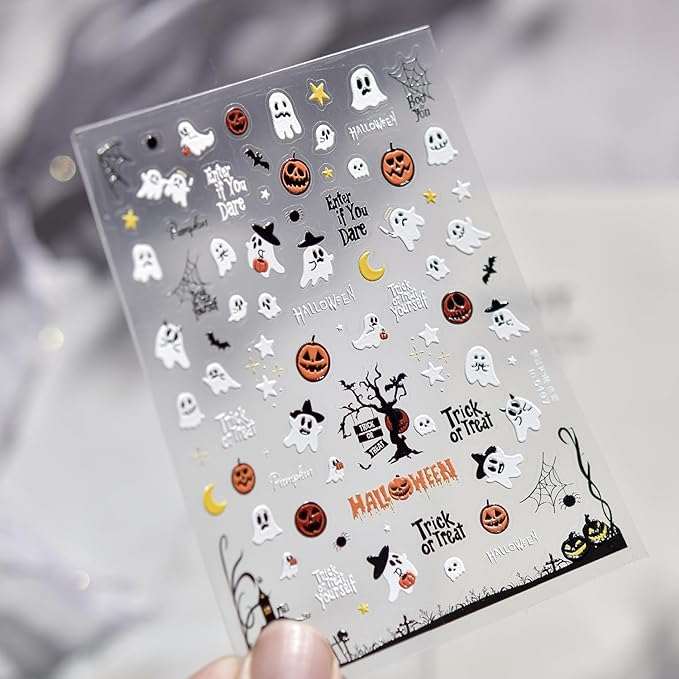 Halloween Nail Stickers for Nail Art, 5D Embossed Self-Adhesive Nail Decals Ghost Goth Moon Spider Web Nail Supplies Design Accessories for Women and Girls Manicure DIY Decoration