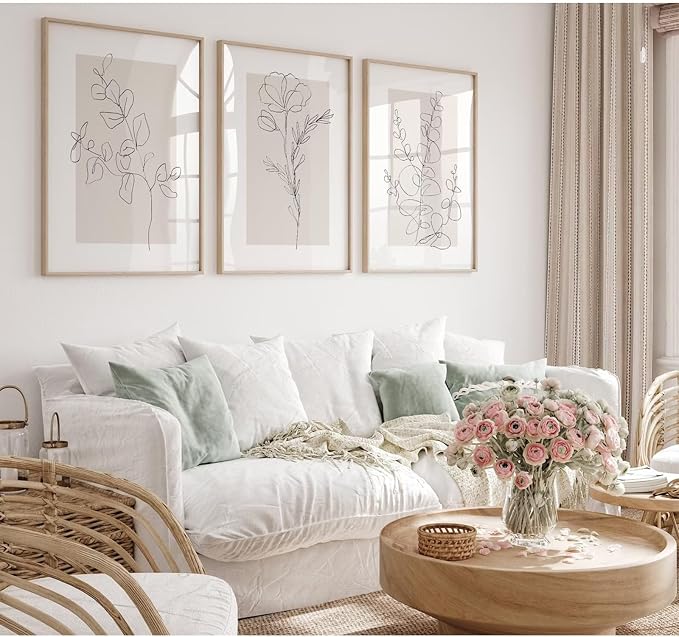 Neutral Botanical Prints Wall Art Flower Minimalist Canvas Wall Decor Vintage Line Wall Art Floral Plant Painting Pictures Beige Boho Artwork Farmhouse Poster for Bedroom 12x16 Inch Unframed Set of 3
