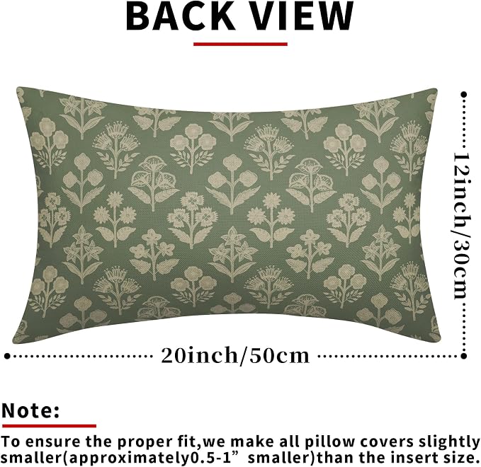 Sage Green Pillow Covers 12x20 Inch Set of 2, Cream Floral Block Print Pattern Lumbar Decorative Throw Pillowcases Outdoor Farmhouse Rectangle Cushion Covers Spring Summer Sofa Couch Bed Decor
