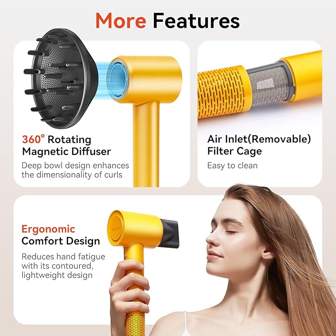 Lightweight Hair Dryer, High-Speed 110,000 RPM 300M Negative Ions Brushless Blow Dryer for Frizz-Free Shine, Fast Drying Intelligent Thermo-Control, Quiet Travel Dryer with Magnetic Nozzle