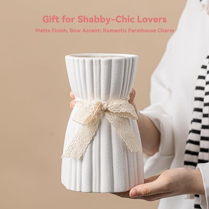 White Ceramic Vase with Lace Bow & Ribbed Texture - 7.7" Unique Flower Vase for Pampas Grass & Centerpieces, Farmhouse/Boho Decorative Vase for Living Room, Office Desk & Gift for Her/Yourself