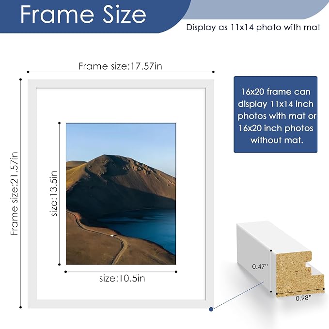 16x20 Picture Frame Set of 6, Wall Mount Display, White | Display Pictures 11x14 with Mat or 16x20 Without Mat, Horizontal or Vertical, Gallery Wall Frame Set, Wedding Birthday Gifts