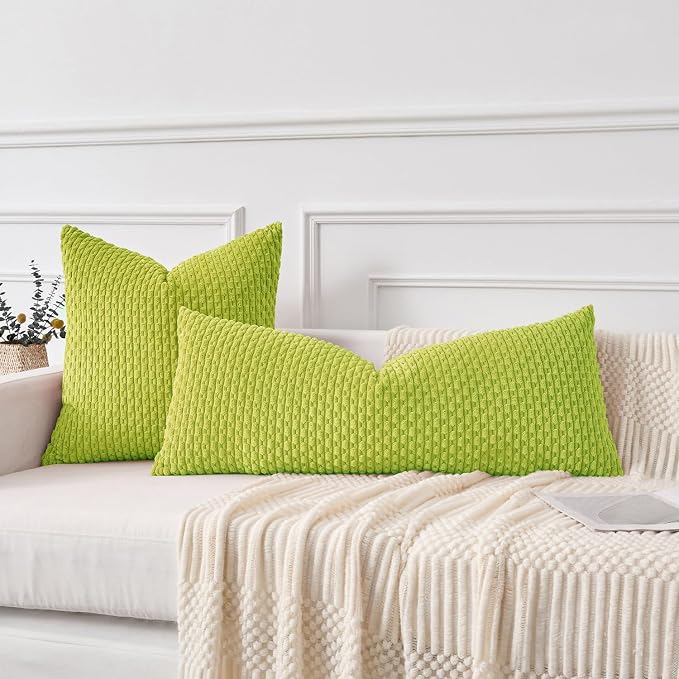 Kevin Textile Soft Corduroy 14"x36" Lumbar Pillow Cover 1 Pack, Xmas Green | Boho Stripe Plush Corduroy Decorative Oblong Cushion Cover Modern Farmhouse Home Decor for Sofa Couch Bed Chair