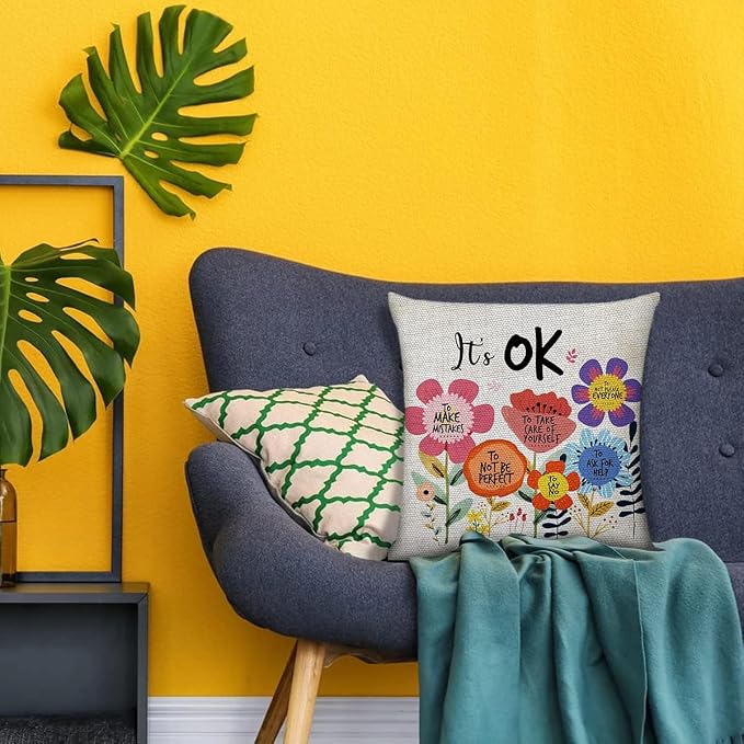 Littlefa It's OK Inspiring Flower Throw Pillow Cover Decorative Pillowcase | Motivational Cute Decorative Pillow Cover for Girls Kids,Mental Health Inspirational Saying Pillow Cover for Conseling Office