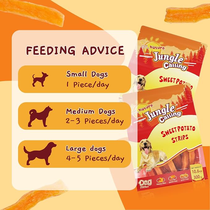 Jungle Calling Sweet Potato Dog Treats, Single-Ingredient Healthy Soft Chew | 100% Sweet Potato, Grain-Free, High Fiber Low Fat Chews for Weight Management, Ideal for Training & Daily Rewards, 10.6 Oz