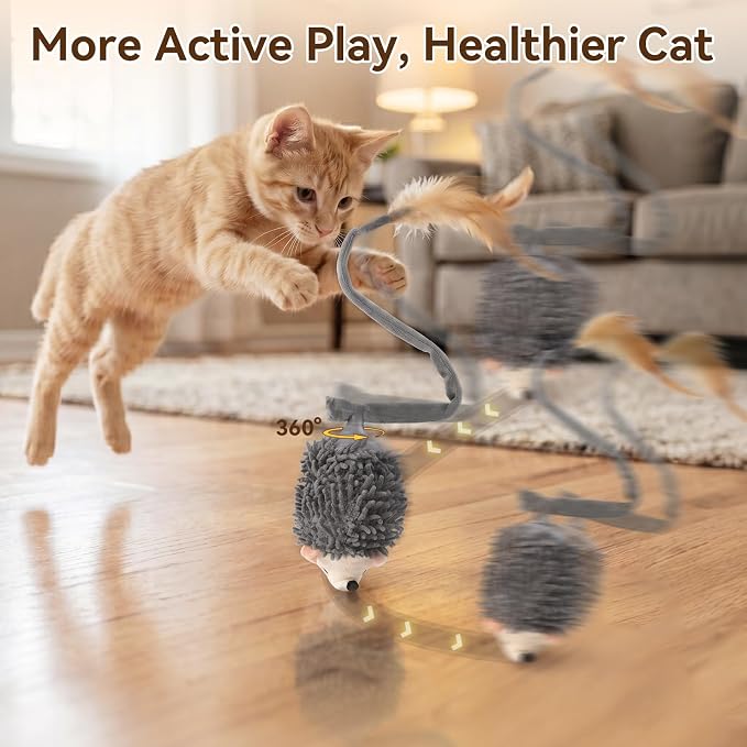 Migipaws Interactive Hedgehog Cat Toy 360° Rolling & Spin with Soft Plush Tail for Indoor Cats Smart Motion Sensor, Realistic Squeak, Rechargeable Plush Kitten Toy (Grey)