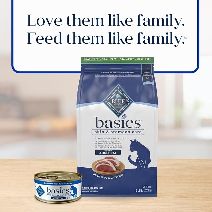 Blue Buffalo Basics Duck Grain-Free Skin & Stomach Care Dry Cat Food, 5 lb | Real Duck #1 Ingredient, Limited Ingredient Diet, Antioxidant-Rich LifeSource Bits, Skin & Coat Health