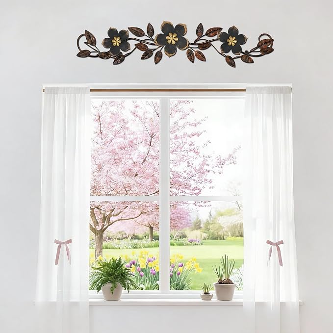 Wesiti Metal Flower Wall Decor Vintage Metal Flower Wrought Iron Scroll Sculpture 15.7''x3.7'' Not 3D, Flat Farmhouse Leaf Wall Decor with Nails for Summer Bedroom Kitchen Indoor Outdoor(Black)