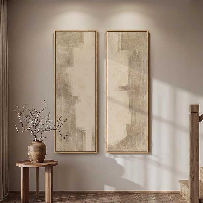 Large Framed Neutral Abstract Long Narrow Wall Art for Hallway, 2 Piece | Long narrow, Large canvas prints, Abstract pictures, Neutral beige, Vertical, Living room, Bedroom, Entryway wall decor