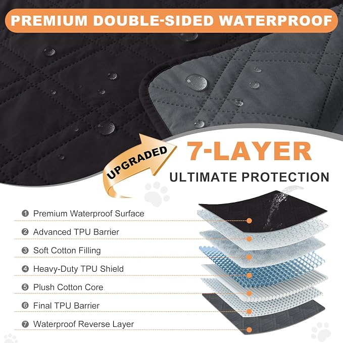 100% Waterproof Washable Dog Blanket，Black+Blackish Gray， 82"x92" | ,7-Layer Reversible Couch Covers for Dogs Met for Sofa Furniture Car Camping