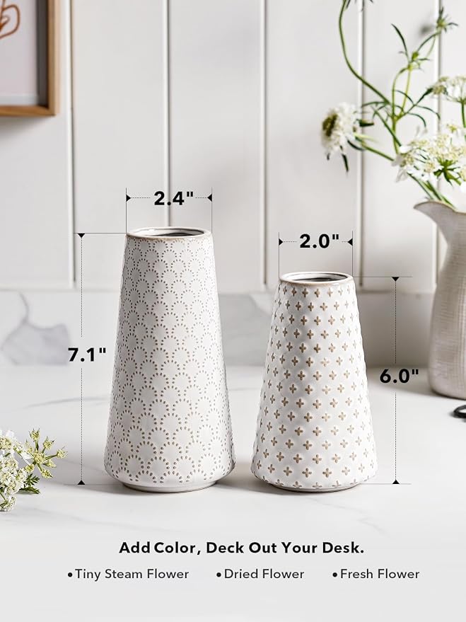 Ceramic Vase for Decor, 6 Inch+7.1 Inch White Flower Vase for Lego Flowers, Tulip and Pampas Grass, Embossed Farmhouse Vases for Centerpieces,Home Living Room Dining Table Office Decor, Arctic White