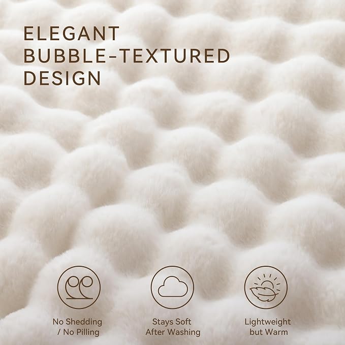 Faux Rabbit Fur Throw for Couch - Cream White Bubble Blanket 50"x60" | Fluffy Plush Fuzzy Throw for Sofa & Bed, Super Soft Cozy Comfrt Blanket, Luxury Aesthetic White Decor Gift for Women