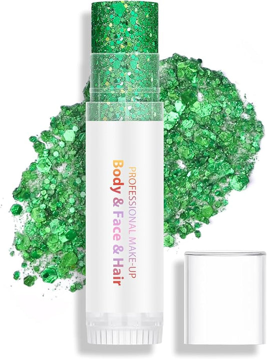 Green Body Hair Face Glitter Stick, Holographic Sequins Face Sparkle Glitter Gel Neon Outfit for Women Face Paint St Patricks Day Rave Festival Mermaid Chunky Makeup