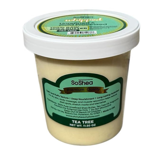 SoShe Whipped Raw Shea Butter - Tea Tree |100% Pure, Unrefined African Shea Butter & Tera Tree Oil | Cold-Pressed & Processed -Rich Natural For Dry & Sensitive Skin, Face & Hair | Vegan | 11.50 oz