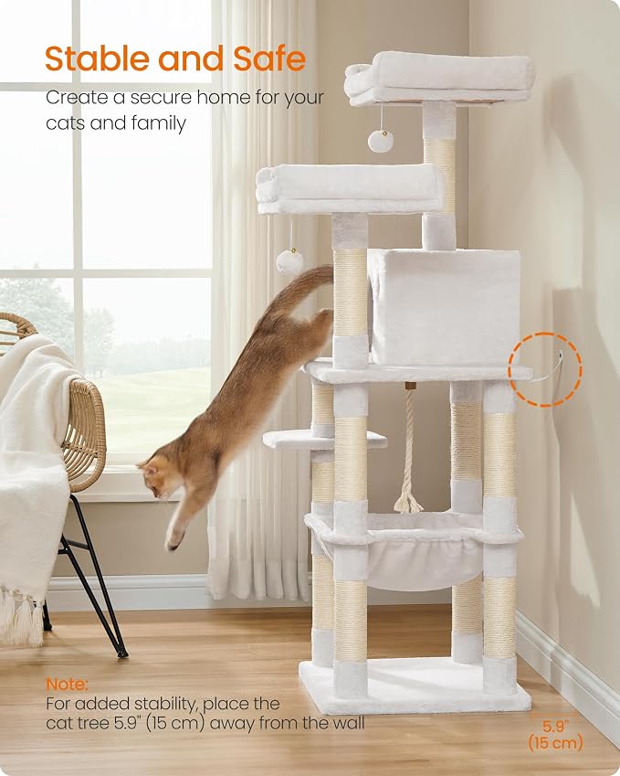 Feandrea Cat Tree, 55.8-Inch Cat Tower, Multi-Level Plush Condo with 11 Scratching Posts, 2 Perches, Hammock, Cave, Light Warm White UPCT015W02