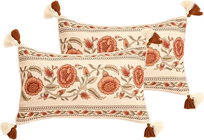 Designer French Linen Throw Pillow Cover,Set of 2,20"x12"-Albano C | Elegant Rectangle Pillow Cover,Concealed Zipper Design,Floral Pattern,Sofas,Bedroom,Living Room,Lounge Chairs,Decor