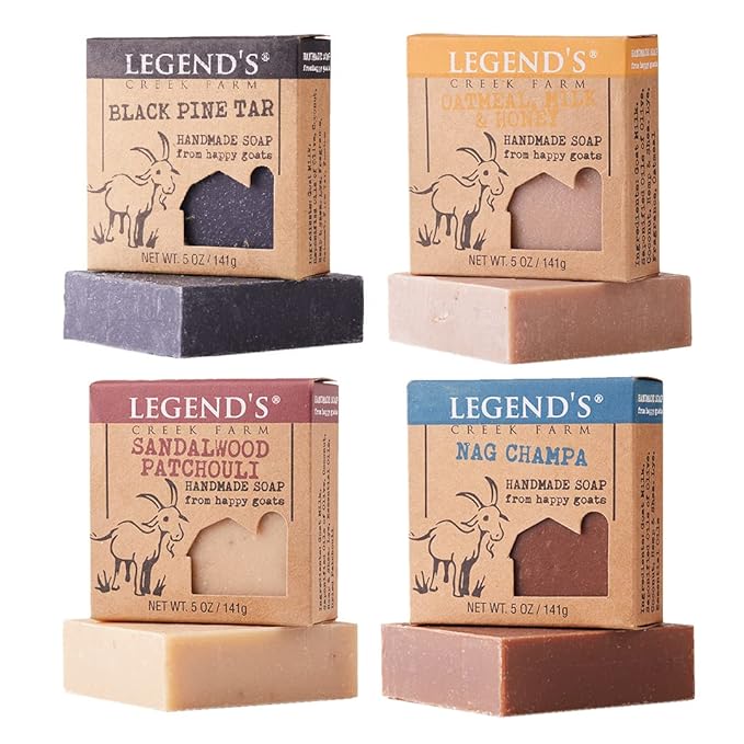 Legend's Creek Farm Goat Milk Soap - Cleansing Moisturizing Bar for Hands and Body - 5 Oz Natural Soap for Sensitive Skin (4-Pack: Patchouli, Oatmeal Milk & Honey, Black Pine Tar, Nag Champa)