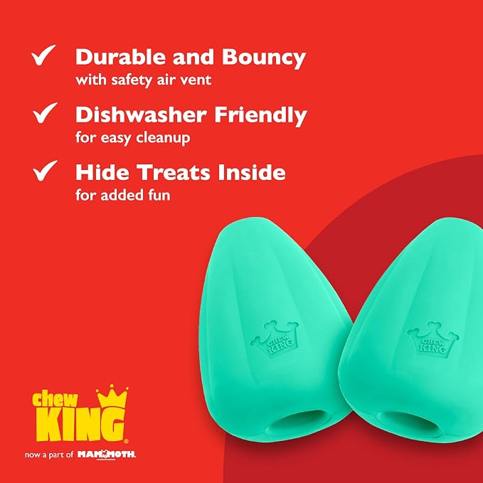 Chew King by Mammoth Premium Treat Dispensing Dog Toy, Durable Natural Rubber Chew Toy, Safety Air Vent, Interactive Enrichment Toy for Aggressive Chewers, XL - For Dogs 40-75lbs - Pack of 2 - Teal