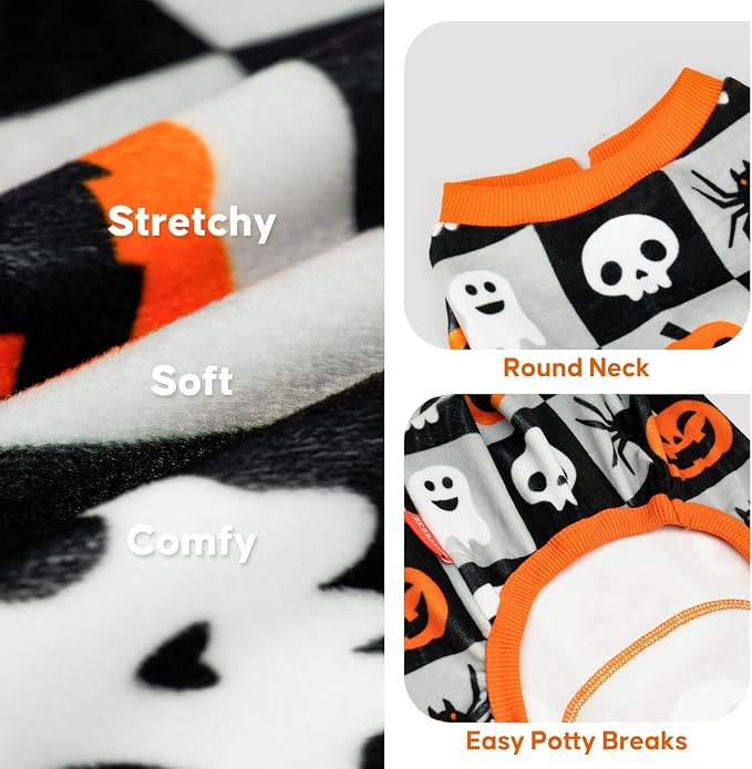 KYEESE Dog Halloween Pajamas for Small Dogs, Checkered Pumpkin Ghost | Cozy Halloween Outfit, Great for Halloween Photos, 4-Way Stretch, Lightweight & Breathable, Gentle on Sensitive Skin