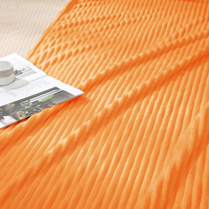 Vessia Flannel Fleece Throw Blanket for Couch,Sofa,Bed, 300GSM Microfiber Light Orange Striped Chair Blanket for Adults and Kids, Super Soft Warm Cozy Lightweight Ribbed Throw for All-Season