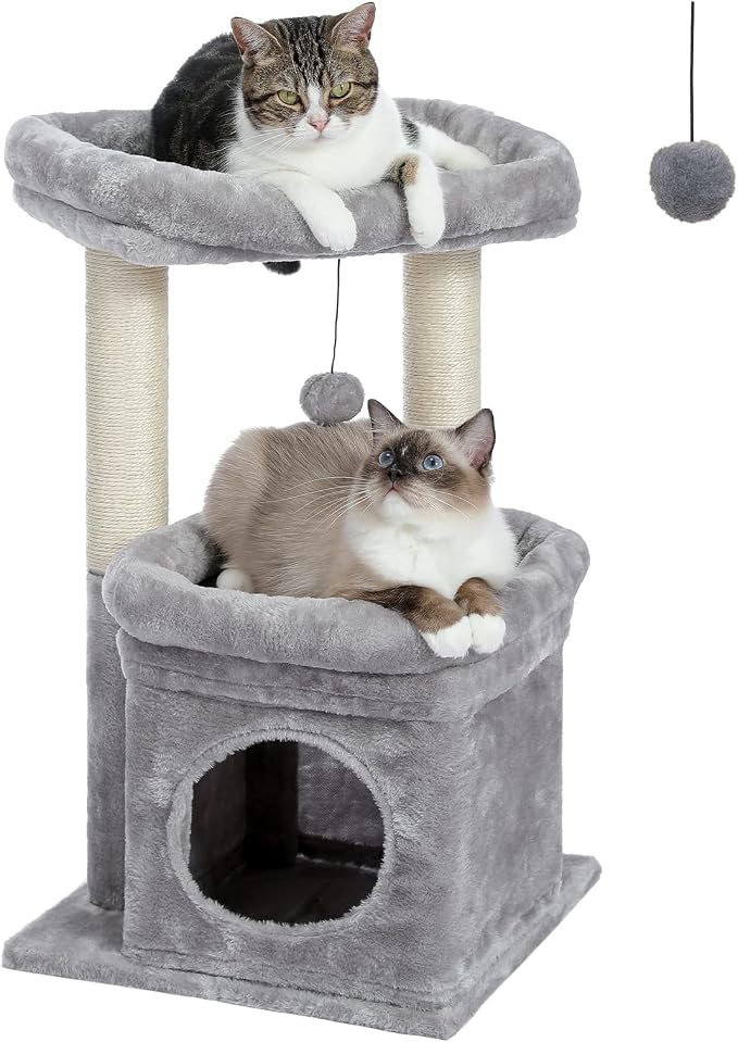 PEQULTI Indoor Cat Tree Tower Small Cats, Sisal Post & Cozy Condo, Grey | Private soft cat condo, soft top perch, natural sisal scratch posts, plush pom-pom toy for indoor kitties