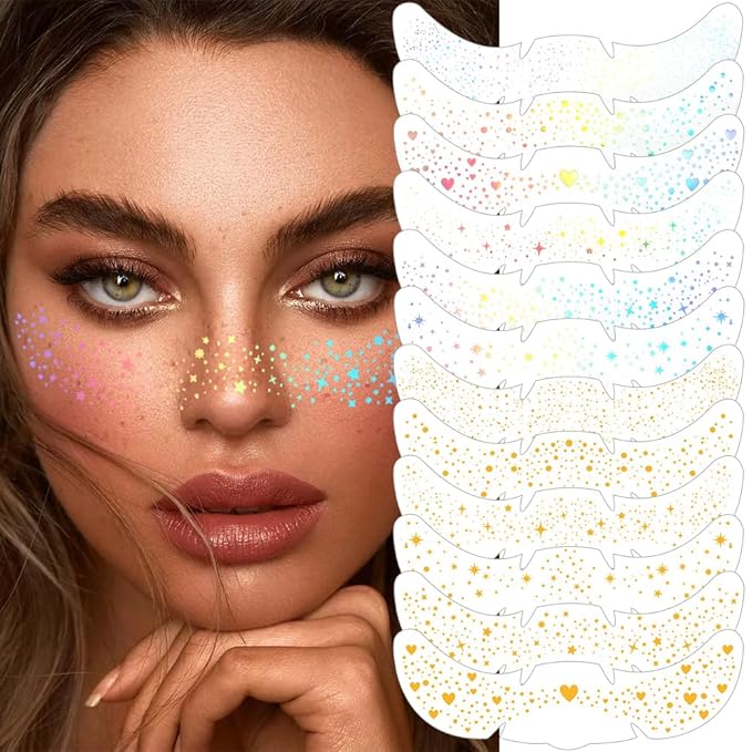 12pcs Glitter Freckles,Face Glitter Freckles Face Tattoo Sparkle for Teenagers Young Women, Gold Holographic Face Body Makeup Patches for Christmas Halloween Rave Fairy Accessories Outfits