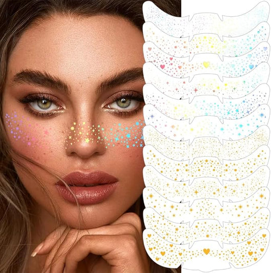 12pcs Glitter Freckles,Face Glitter Freckles Face Tattoo Sparkle for Teenagers Young Women, Gold Holographic Face Body Makeup Patches for Christmas Halloween Rave Fairy Accessories Outfits