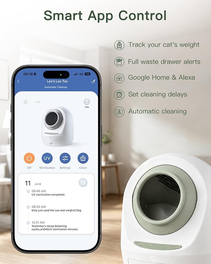 Casa Leo Automatic Self-Cleaning Cat Litter Box | with Leo’s Loo Too Wi-Fi App & Voice Control, App Weight Tracking, UV Odor Control, Safety Sensors, 30dB Quiet