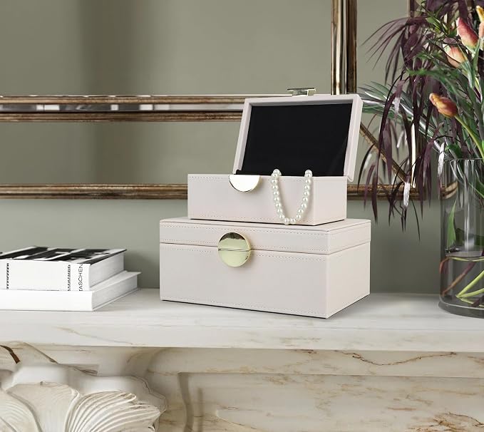 HofferRuffer Faux Leather Jewelry Boxes, Decorative Boxes Storage Accessory Organizer with Gold Hardware Decor, Classic Vegan Leather Set of 2 Pieces (CreamWhite)