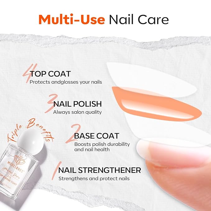 modelones Clear Nail Polish 3-in-1 Top Coat and Base Coat, Nail Strengthener, 15 Ml Quick Dry Long Lasting Shine Chip Fade Resistant Nails Protect Care Gifts for Women