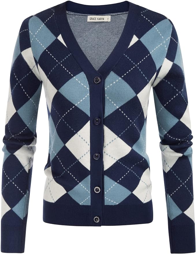 GRACE KARIN Womens Cardigan Sweater Fall Fashion Argyle Sweater Button Up Cardigan Teacher Outfits Preppy Clothes
