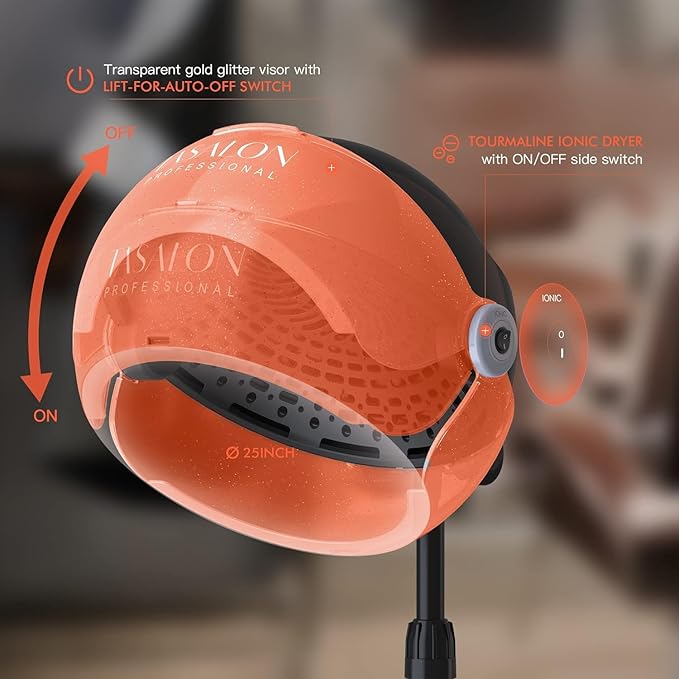 TASALON Ionic Hooded Hair Dryer. 1875W Height Adjustable Hooded Dryer with 3 Temprature Settings. Professional Hair Dryer for Salon, Hairestylist and Home. Orange