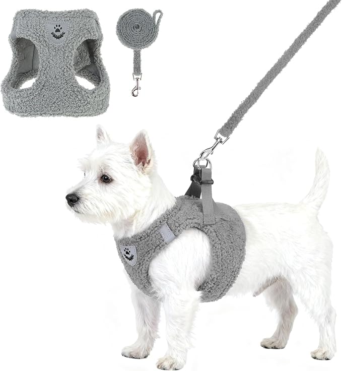 KOOLTAIL Plush Small Dog Harness and Leash Set, Warm Fleece No Pull Puppy Vest for Winter, Lightweight Reflective Step in Pet Harness for Medium Sized Dogs Boy Girl Outdoor Walking Cute Soft, Gray S