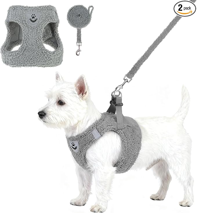 KOOLTAIL Plush Small Dog Harness and Leash Set, Warm Fleece No Pull Puppy Vest for Winter, Lightweight Reflective Step in Pet Harness for Medium Sized Dogs Boy Girl Outdoor Walking Cute Soft, Gray M