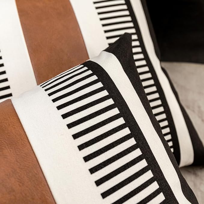 Pack of 2 Faux Leather and Cotton Patchwork Throw Pillow Covers for Sofa Couch Farmhouse Decorative Square Cushion Cover Boho Stripe Accent Pillow Case 20 x 20 Inch, Black