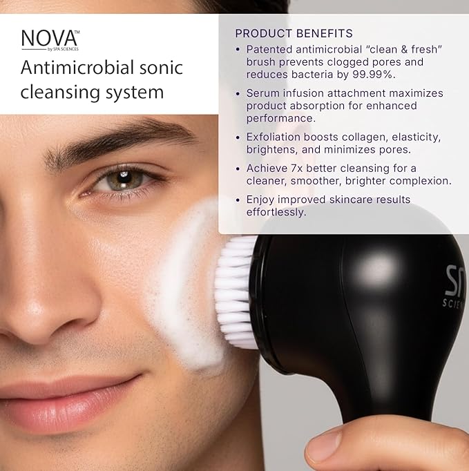 Spa Sciences - NOVA - Sonic Cleansing Brush with Bristles & Infusion System – Anti-Aging Facial Exfoliating, Waterproof, and USB Rechargeable