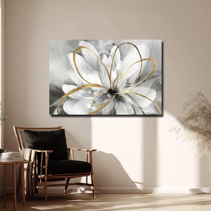 SOUGUAN White Floral Wall Decor Grey Background Modern Painting Wall Art 24"x36" Neutral Artwork Paintings for Bedroom Kitchen Pictures