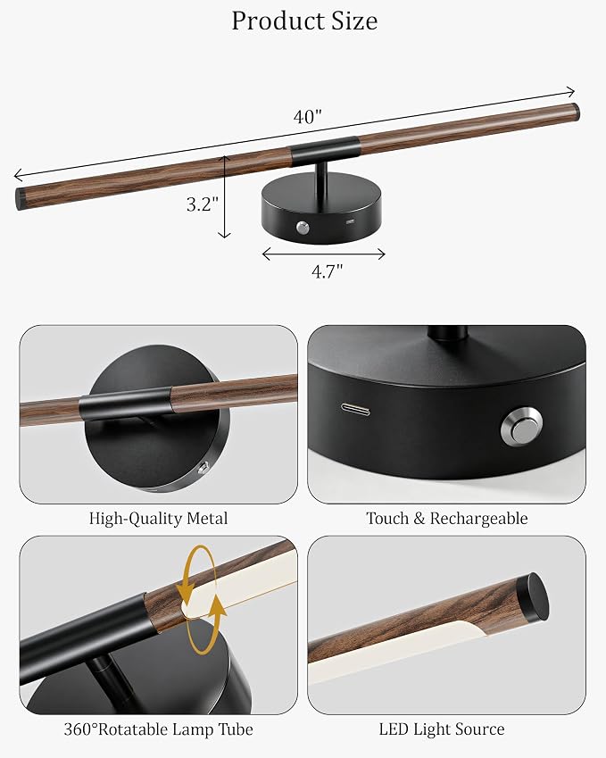 40" Battery Operated Wall Sconce Set of 2, 350° Rotating Lamp, Walnut Black | Wireless, 8000mAh Rechargeable Battery, Stepless Dimming, 3000K-6000K, Remote & Touch Control, Timer, Living Room, Bedroom