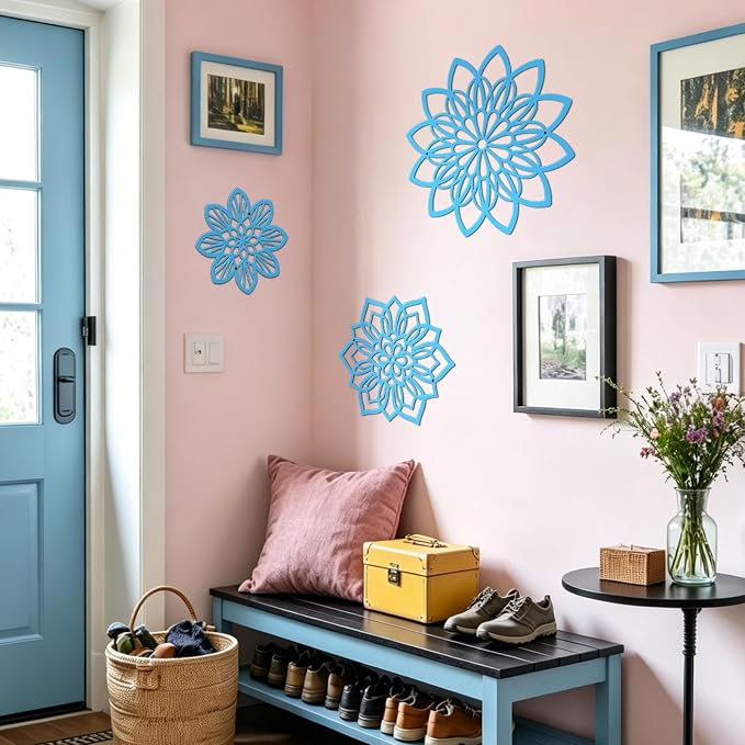 Zzbakress 3 Pcs Metal Flowers Wall Art Bathroom Wall Decor (Blue Elegant) | Farmhouse Flower Bathroom Decor Wall Decorations For Bathroom, Living Room, Office, Kitchen, Hallway And Outdoor
