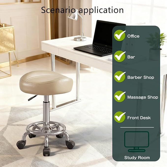 Saddle Stool, Adjustable Height Ergonomic Swivel Chair with Wheels, PU Leather Saddle Seat with Ring Pedal for Salon, Massage, Clinic, Lab, and Office