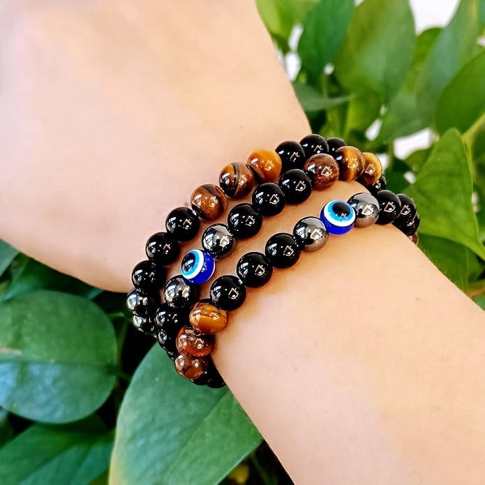 Evil Eye with Hematite Black Obsidian Tiger Eye Stone Triple Protection Bracelets for Men Women, Crystal Healing Stone Bracelet Bring Luck Prosperity and Happiness Jewelry